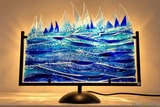 Lampe en verre fusionné - Paysage marin dans les tons bleus