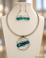 Parure en verre aqua - Collier et boucles d'oreilles Atraverre