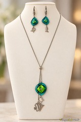 Parure poisson en verre turquoise - Collier et boucles d'oreilles