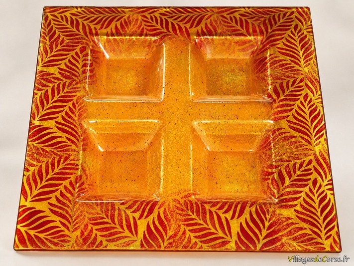 Plateau apéritif en verre fusionné - Motifs de feuilles orange