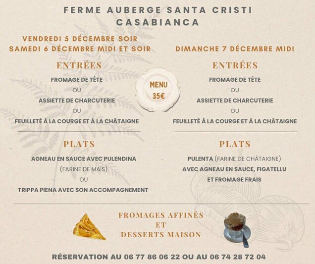 Menu del 5 dicembre 2025 - Agriturismo Santa Cristi a Casabianca in Alta Corsica