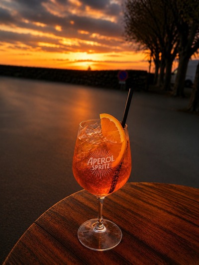 Capo Spritz cocktail at sunset - Au Bon Clocher Restaurant in Canari, Cap Corse