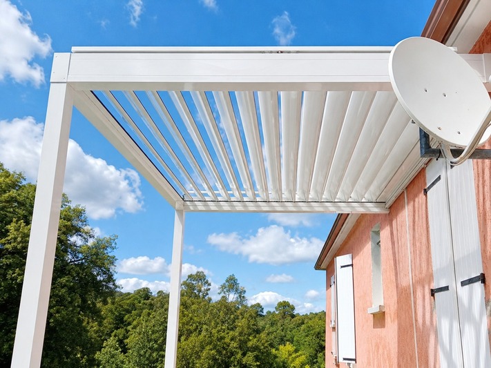 Pergola bioclimatique blanche aluminium - Terrasse moderne réalisée par AIP à Vescovato