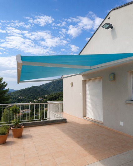 Store banne coffre intégral bleu - Terrasse extérieure AIP à Vescovato en Haute-Corse